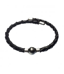 Bracelet en cuir argent acier et perle eau douce véritable